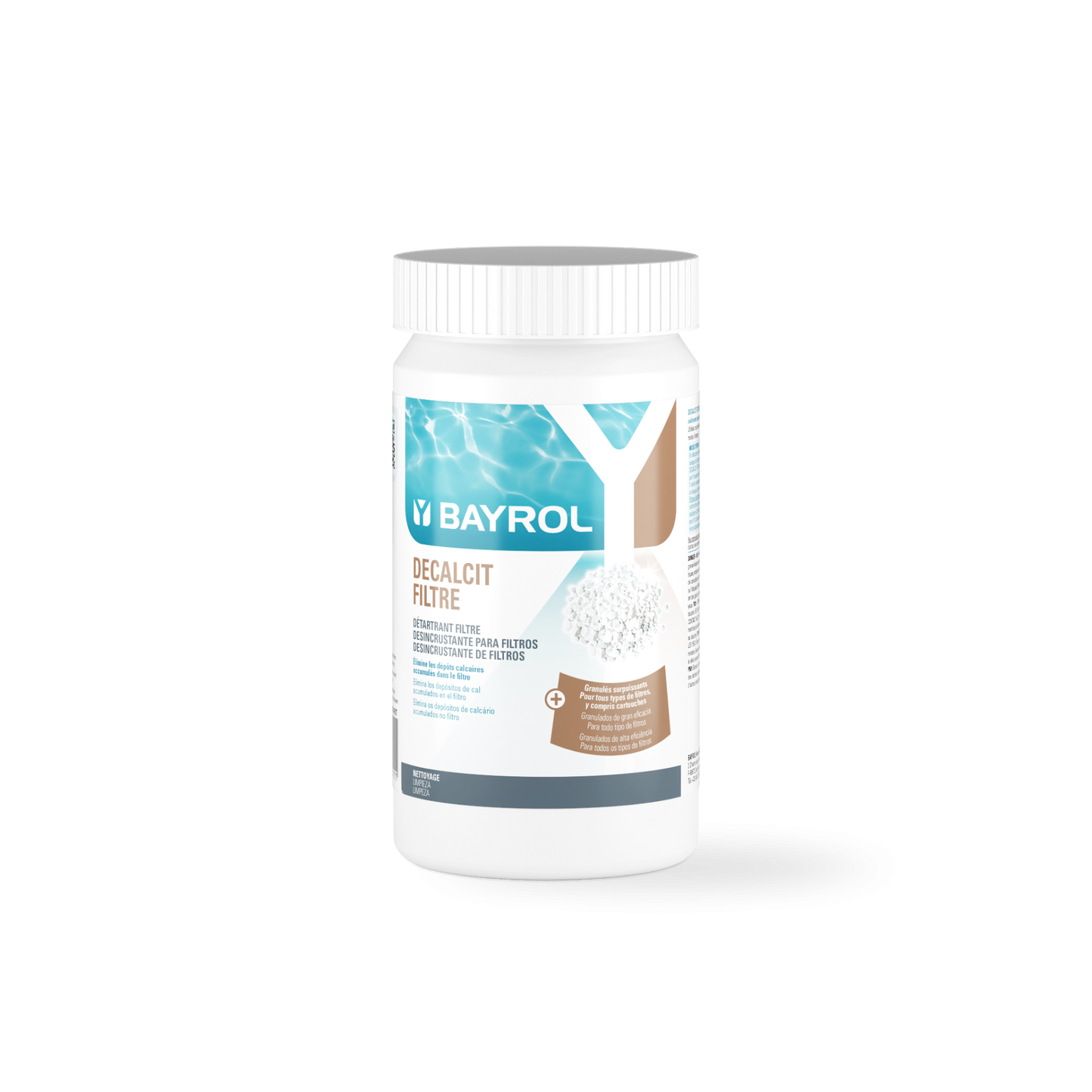 Decalcit Filter 1kg pool filter cleaner for pool and pond maintenance in plastic container
