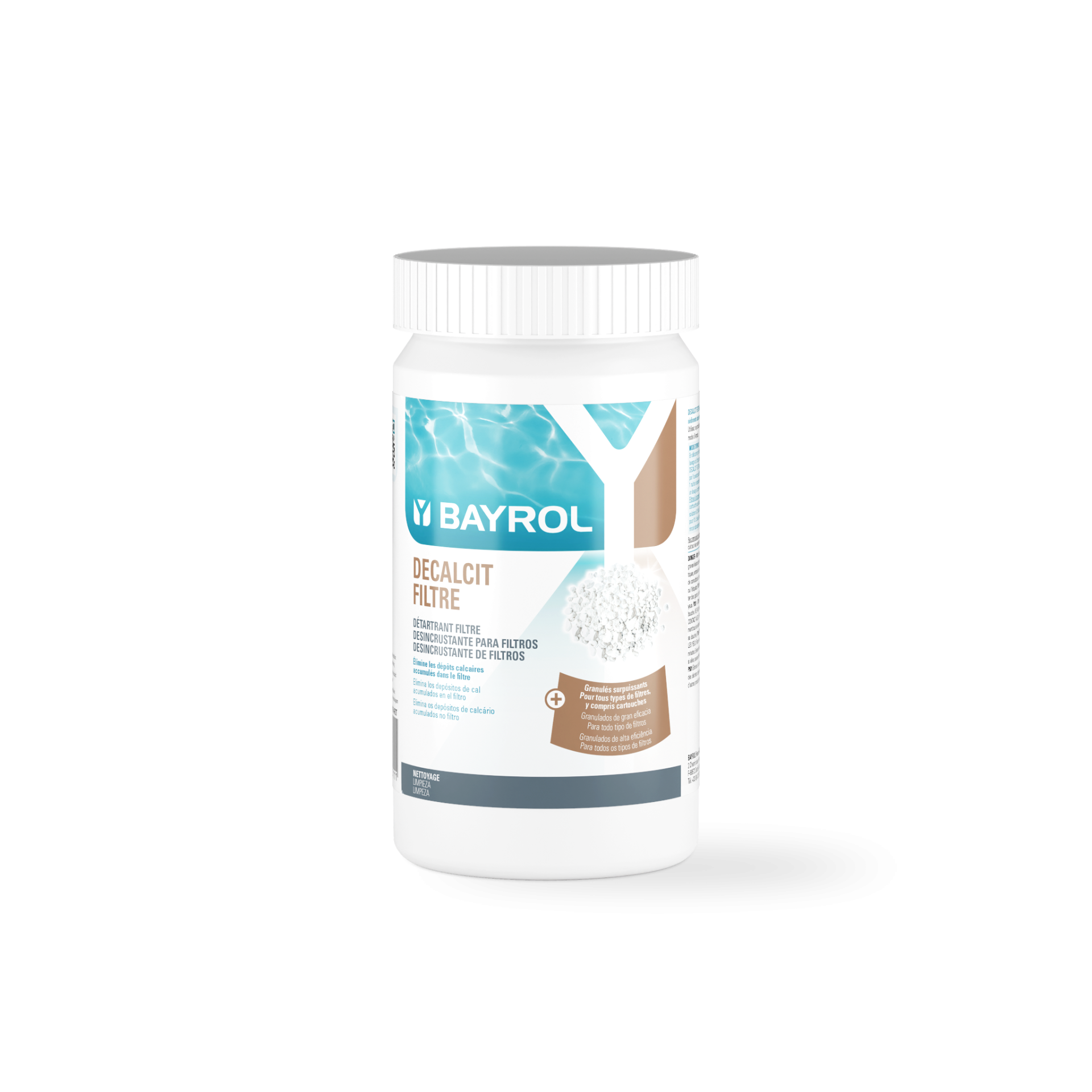 Decalcit Filter 1kg pool filter cleaner for pool and pond maintenance in plastic container
