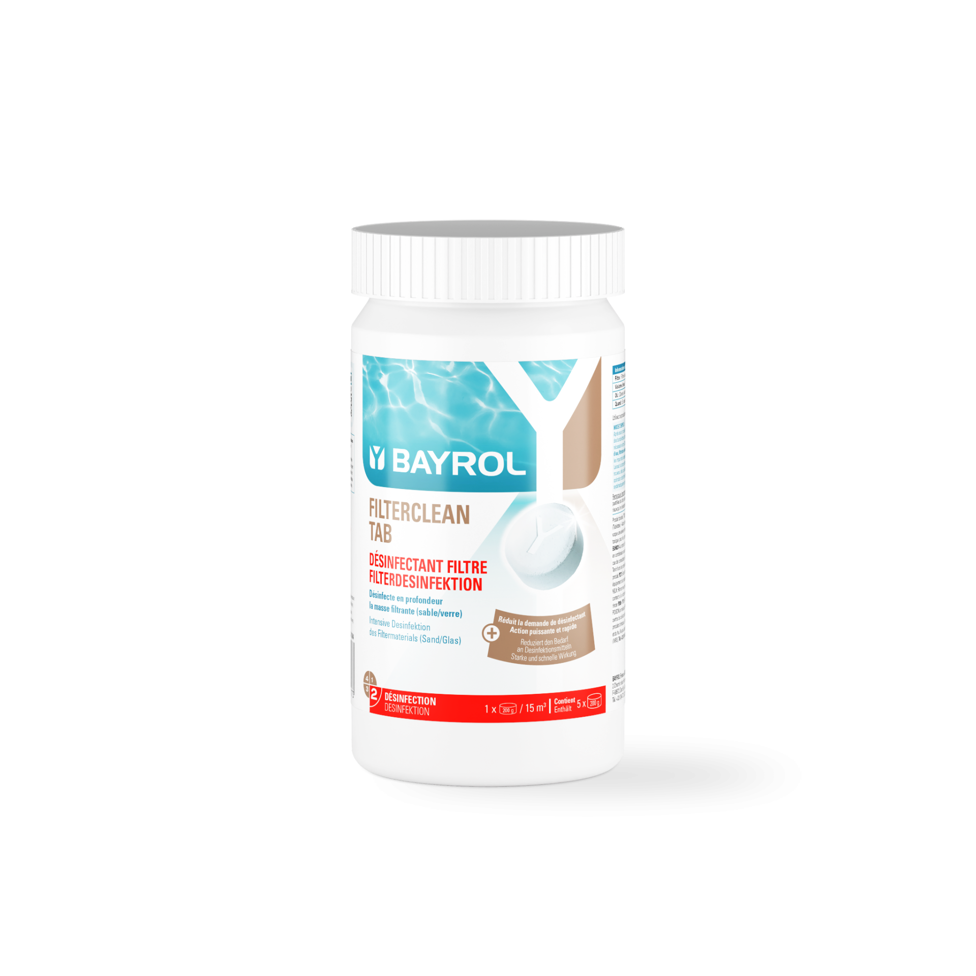 Pool filter cleaner tablets in white bottle for pool and pond water maintenance