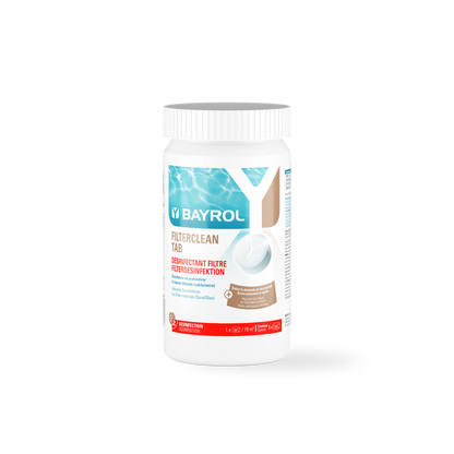 Pool filter cleaner tablets in white bottle for pool and pond water maintenance