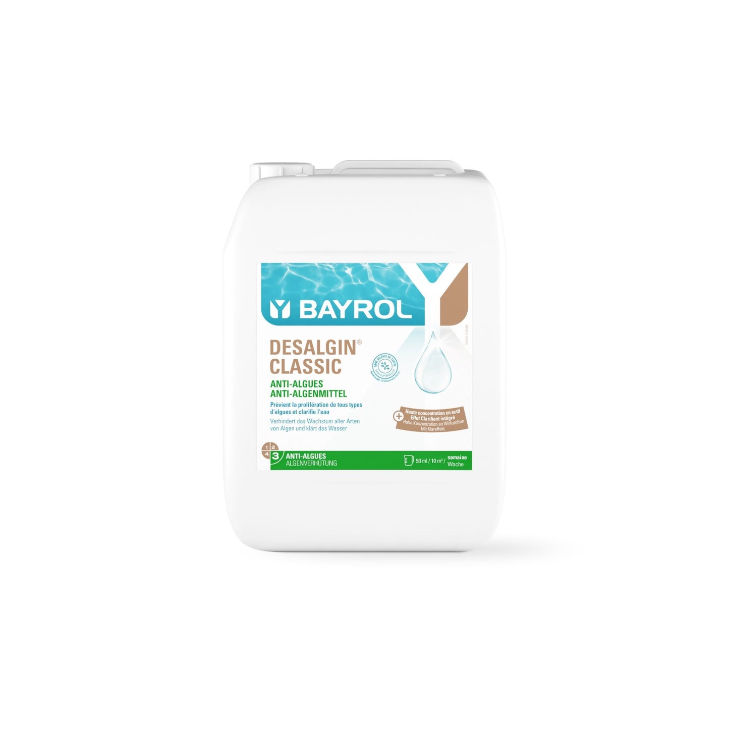 10L container of Desalgin Classic pool and pond algaecide for algae prevention